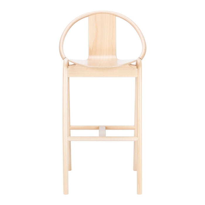 Light wood high chair with a smooth, natural finish and minimalist round back design. Perfect for modern nurseries.
