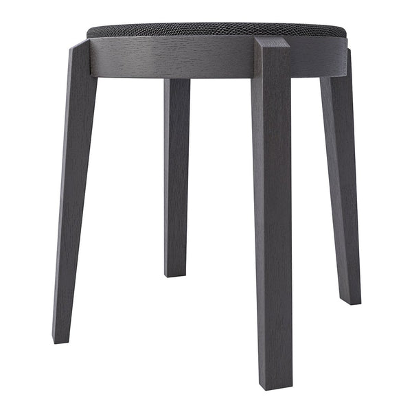Black wooden stool with a smooth round seat and sleek, minimalist design featuring straight legs.
