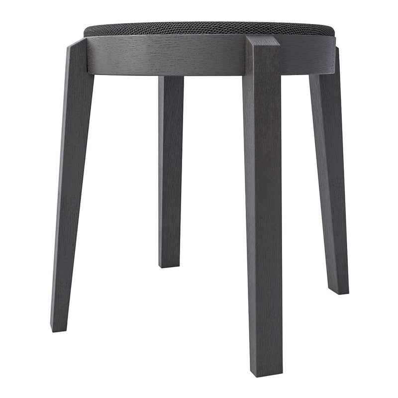 Black wooden stool with a smooth round seat and sleek, minimalist design featuring straight legs.