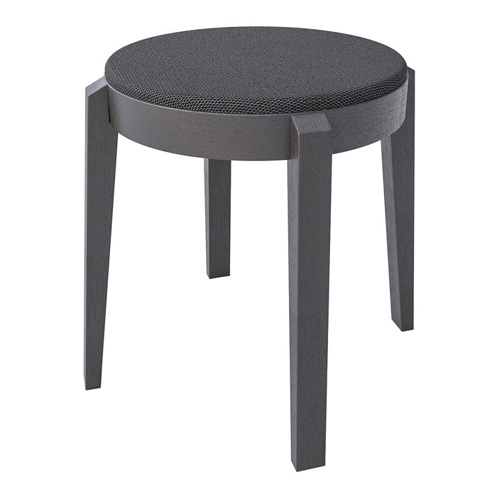 Round stool in solid black with a textured top and sleek gray wooden legs, perfect for modern decor.
