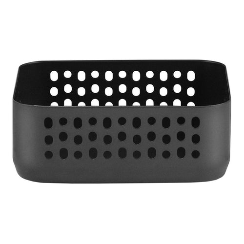 Black storage basket with perforated holes for ventilation and visibility, offering a modern, minimalist design.