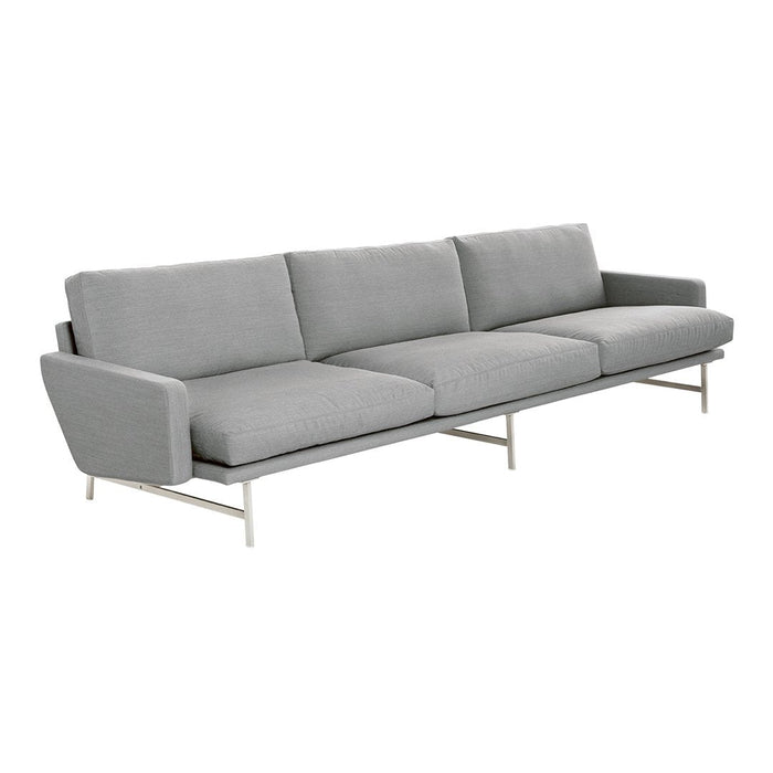 Modern gray sofa with a sleek design, featuring solid color upholstery and minimalist silver legs.
