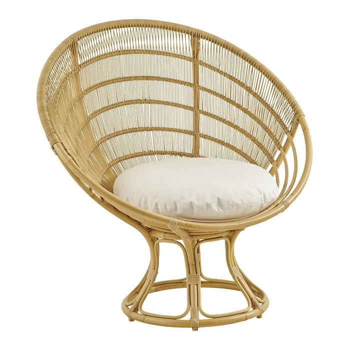 Bamboo rattan chair in natural tones with a cream cushion, showcasing a curved, woven design.
