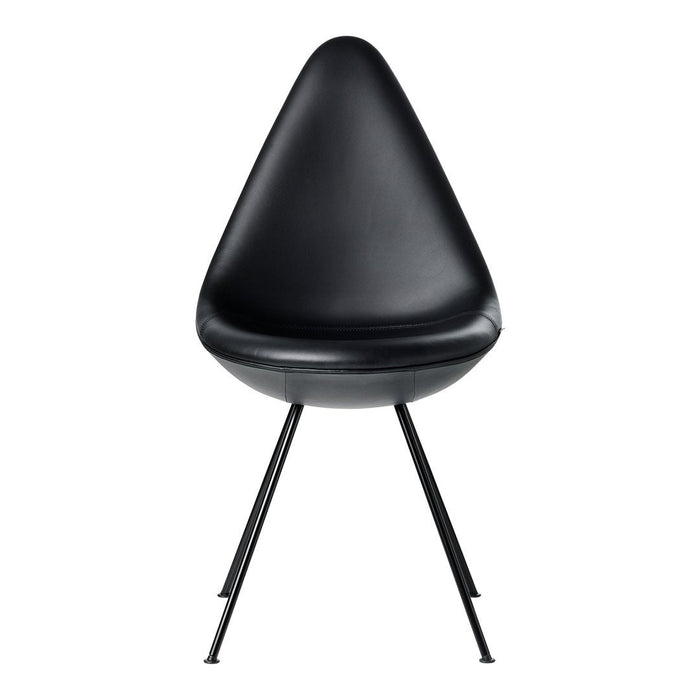 Modern black teardrop chair with sleek lines and black metal legs, perfect for contemporary decor.