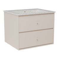 Light beige cabinet with two smooth drawers and a speckled white countertop. Detailed and modern design.