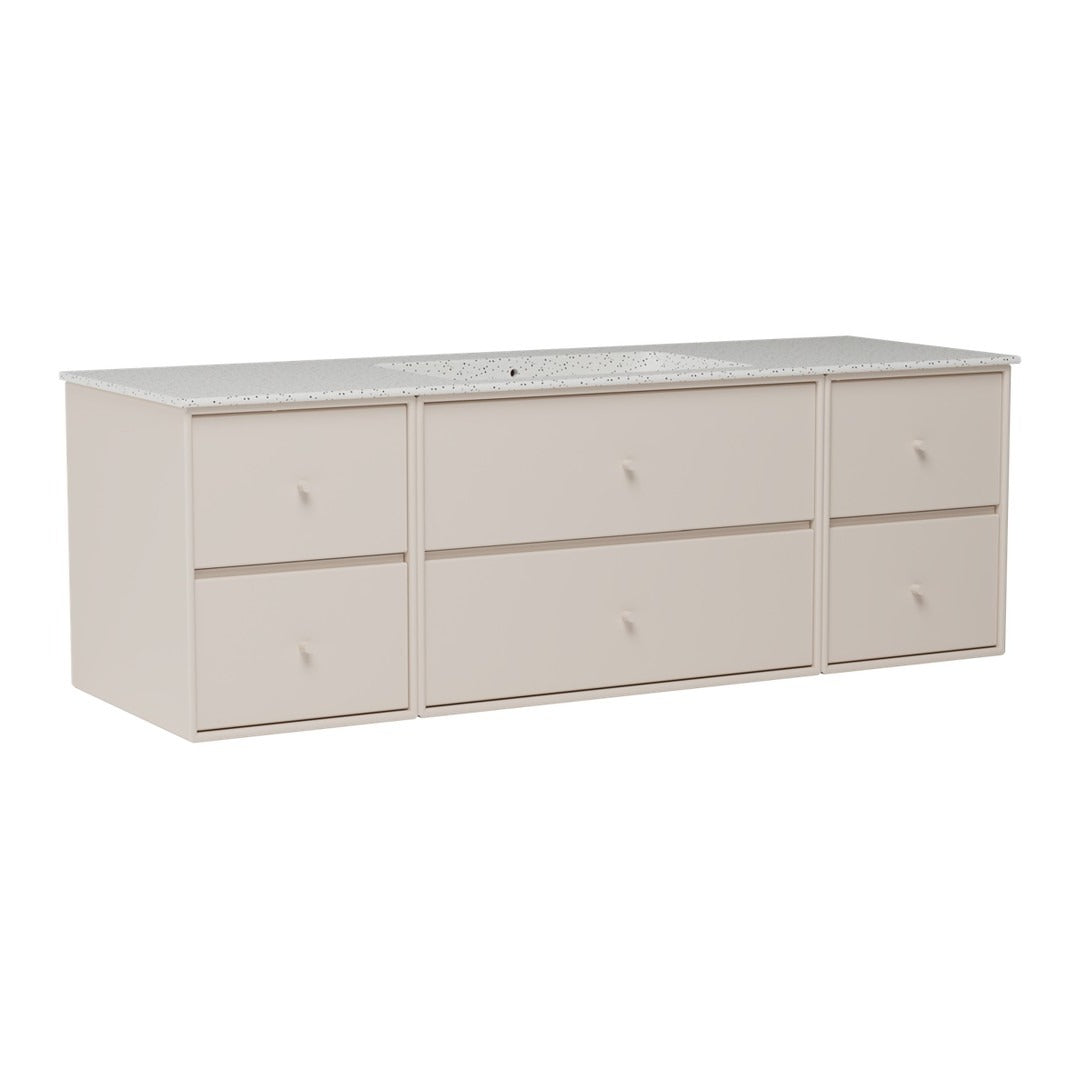 Beige six-drawer dresser with a smooth white countertop and minimalistic design, perfect for modern interiors.