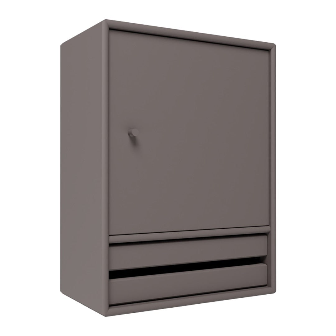 Gray cabinet with a minimalistic design featuring a smooth finish and simple, sleek lines.