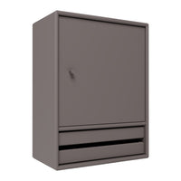 Gray cabinet with a minimalistic design featuring a smooth finish and simple, sleek lines.