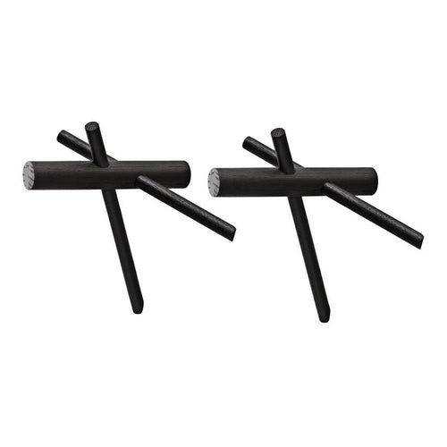 Two geometric black metal sculptures with unique linear patterns and minimalist design accents.
