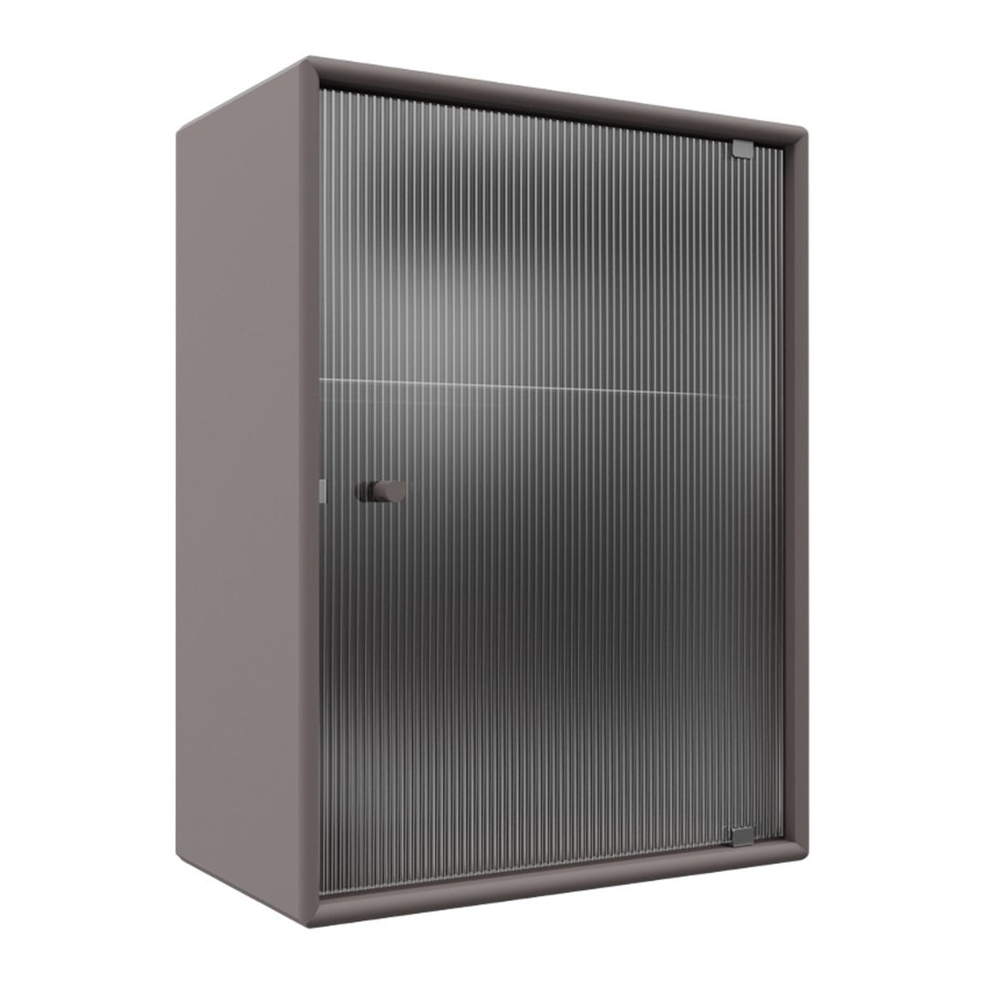 Gray metal storage cabinet with a ribbed pattern and sleek design, featuring a smooth finish and centralized lock.