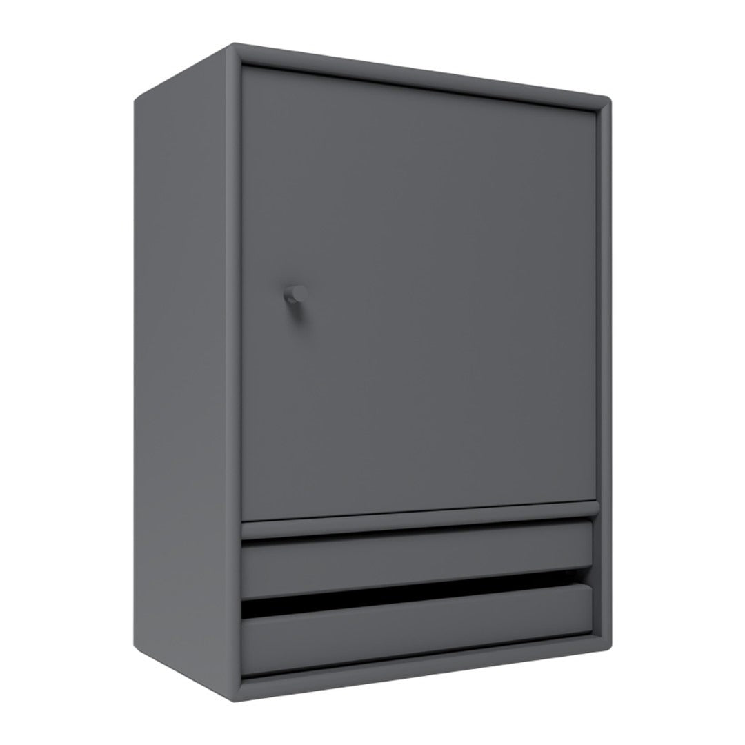 Sleek gray cabinet featuring a minimalist design with a smooth finish and subtle geometric lines.
