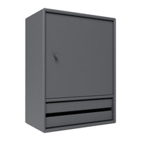 Sleek gray cabinet featuring a minimalist design with a smooth finish and subtle geometric lines.