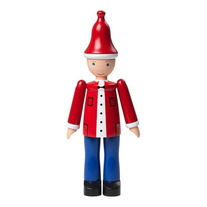 Red and white patterned outfit with a red hat, blue pants, and black shoes on a classic wooden character.