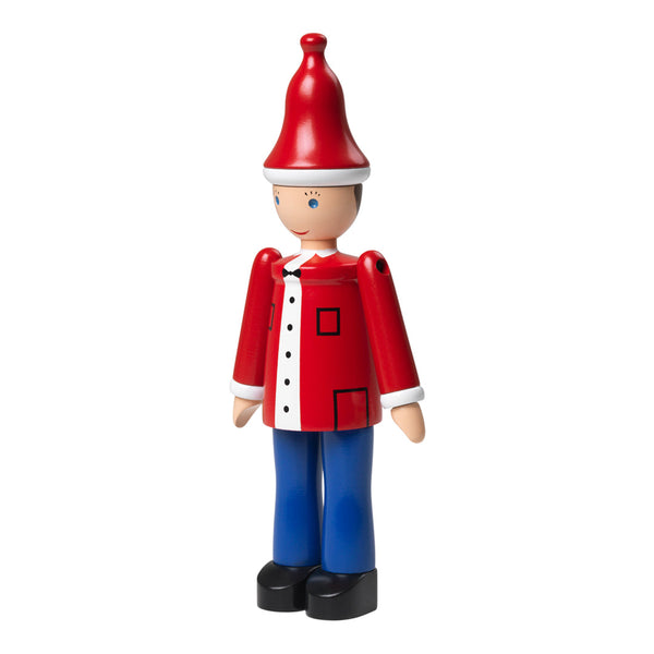 Red and white figurine with blue pants, featuring a playful design and a tall red hat. Ideal for festive decor.