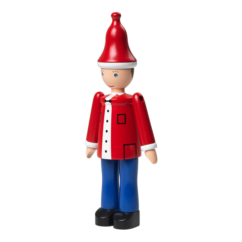 Red and white figurine with blue pants, featuring a playful design and a tall red hat. Ideal for festive decor.