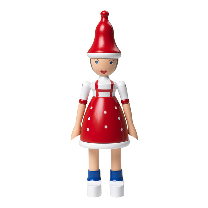 Red and white dress with polka dots, red hat, blue socks, and white shoes, showcasing a charming, colorful design.