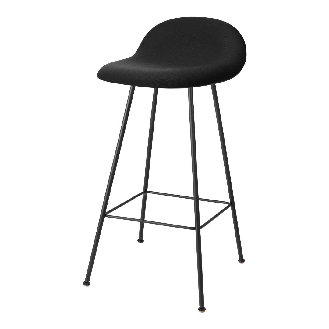 Black bar stool with a sleek matte finish and minimalist black metal legs. Ideal for modern spaces.