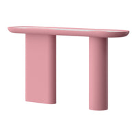 Pink console table with smooth, minimalist design and rounded edges, perfect for modern interiors.