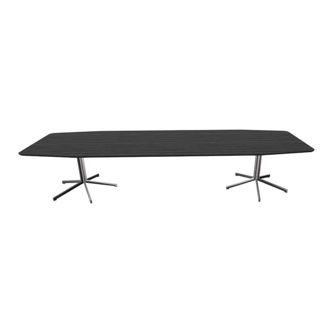 Sleek black wooden table with subtle grain pattern, supported by modern silver metal legs.
