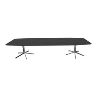 Sleek black wooden table with subtle grain pattern, supported by modern silver metal legs.