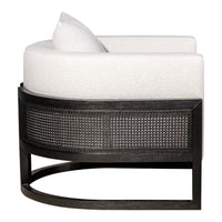 Curved white upholstery with textured black rattan base, showcasing a modern and minimalist design. Perfect for chic interiors.