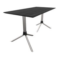 Sleek black tabletop with wood grain pattern and modern silver metal legs, perfect for contemporary spaces.