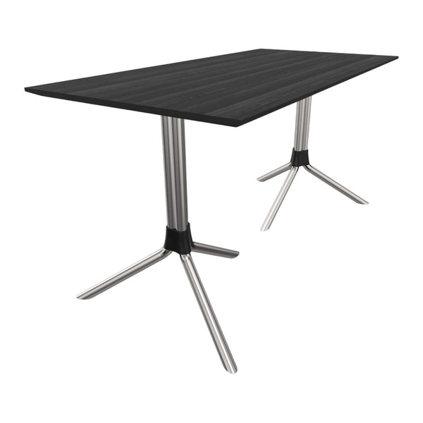 Sleek black tabletop with wood grain pattern and modern silver metal legs, perfect for contemporary spaces.