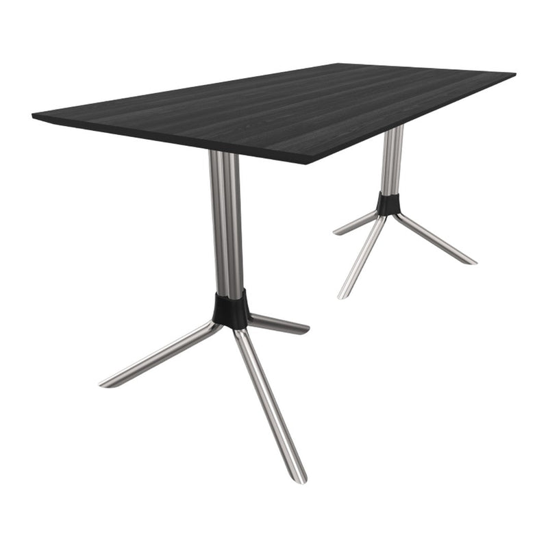 Sleek black tabletop with wood grain pattern and modern silver metal legs, perfect for contemporary spaces.