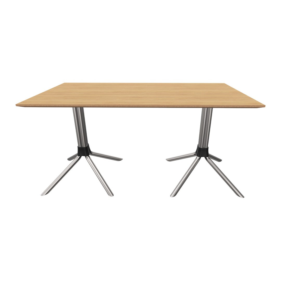 Light oak tabletop with sleek silver metal legs, featuring a modern, minimalist design. Perfect for contemporary spaces.