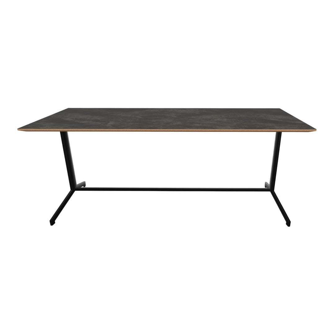 Modern black and gray tabletop with sleek wooden edges, supported by a minimalist metal frame.