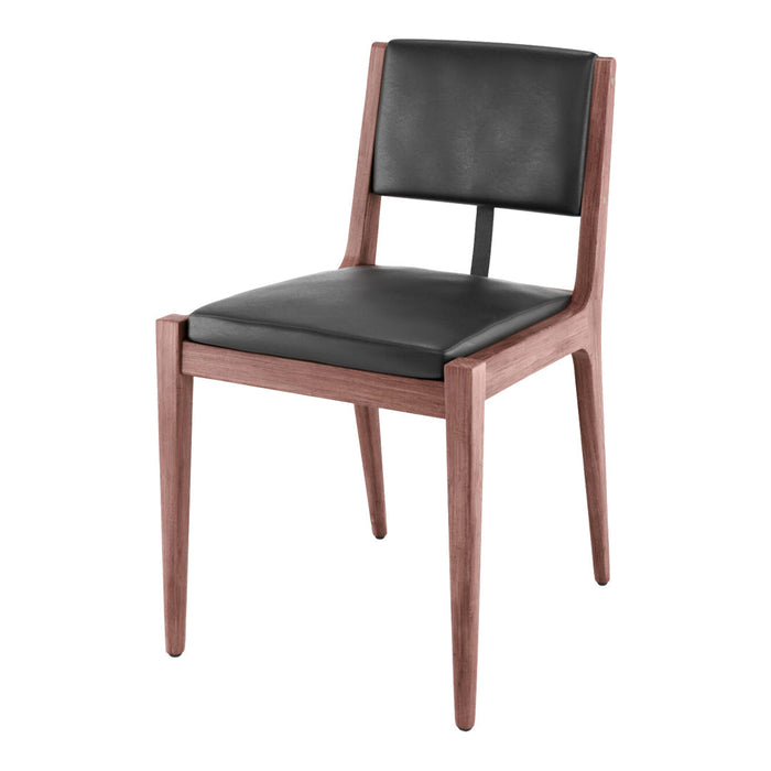 "Solid wood chair with a sleek walnut finish and contrasting black leather seat and backrest."