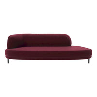 Burgundy curved sofa with smooth upholstery and minimalist design, featuring sleek black legs.