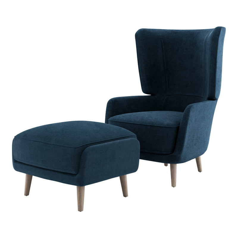 Navy blue upholstered armchair with matching ottoman, featuring a sleek, minimalist design and wooden legs.