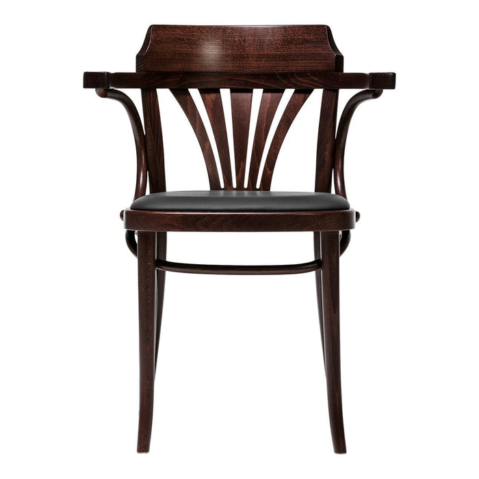 Dark wood chair with a sleek design, featuring a slatted back and black cushioned seat. Elegant and modern aesthetic.