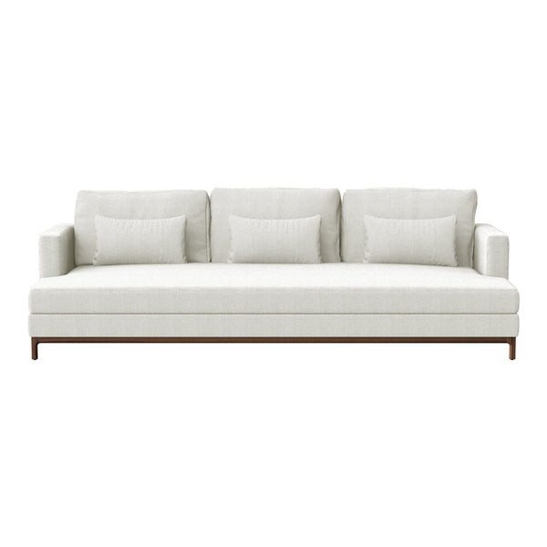 Neutral cream sofa with subtle texture and three plush back cushions, complemented by a sleek wooden base.