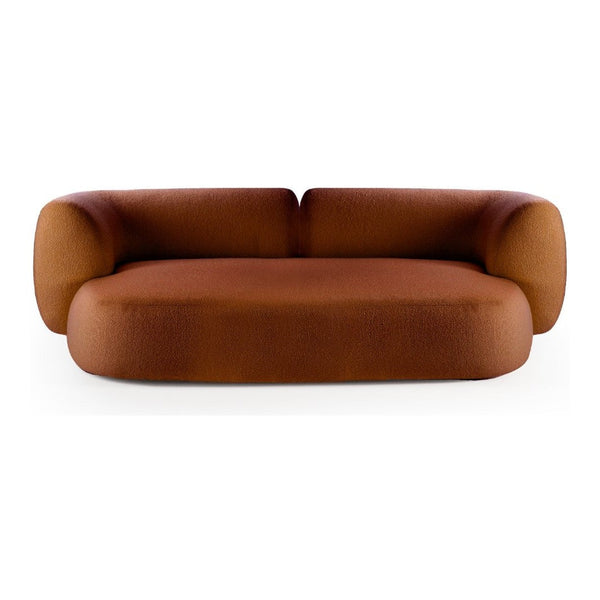 Brown upholstered curved sofa with smooth, modern lines and a minimalist design. Perfect for contemporary interiors.