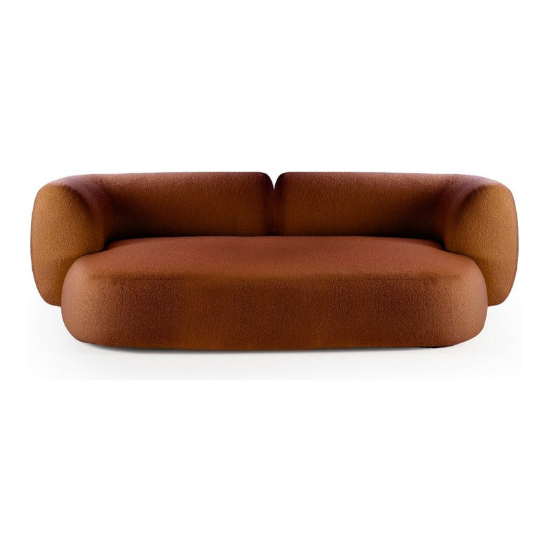 Brown upholstered curved sofa with smooth, modern lines and a minimalist design. Perfect for contemporary interiors.