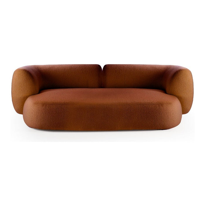 Stylish brown upholstered sofa with a smooth, rounded shape and modern design, ideal for contemporary interiors.