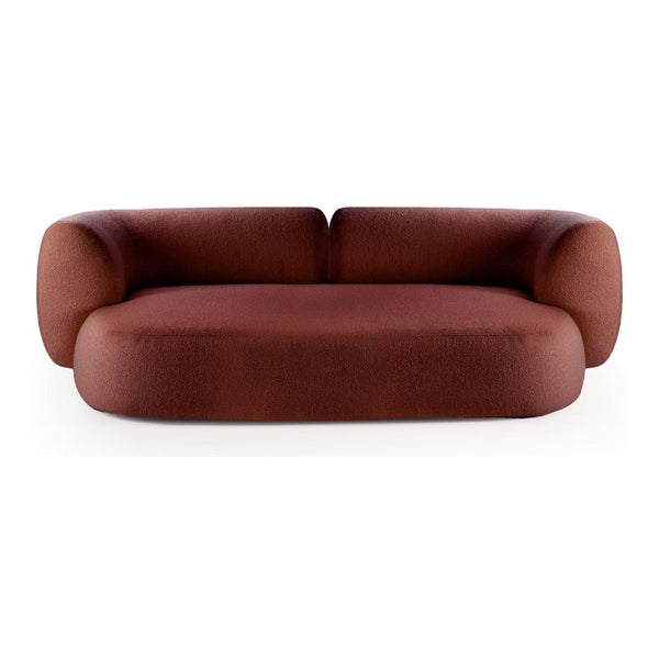 Curved brown sofa with a smooth, minimalist design and plush, rounded cushions for a modern aesthetic.