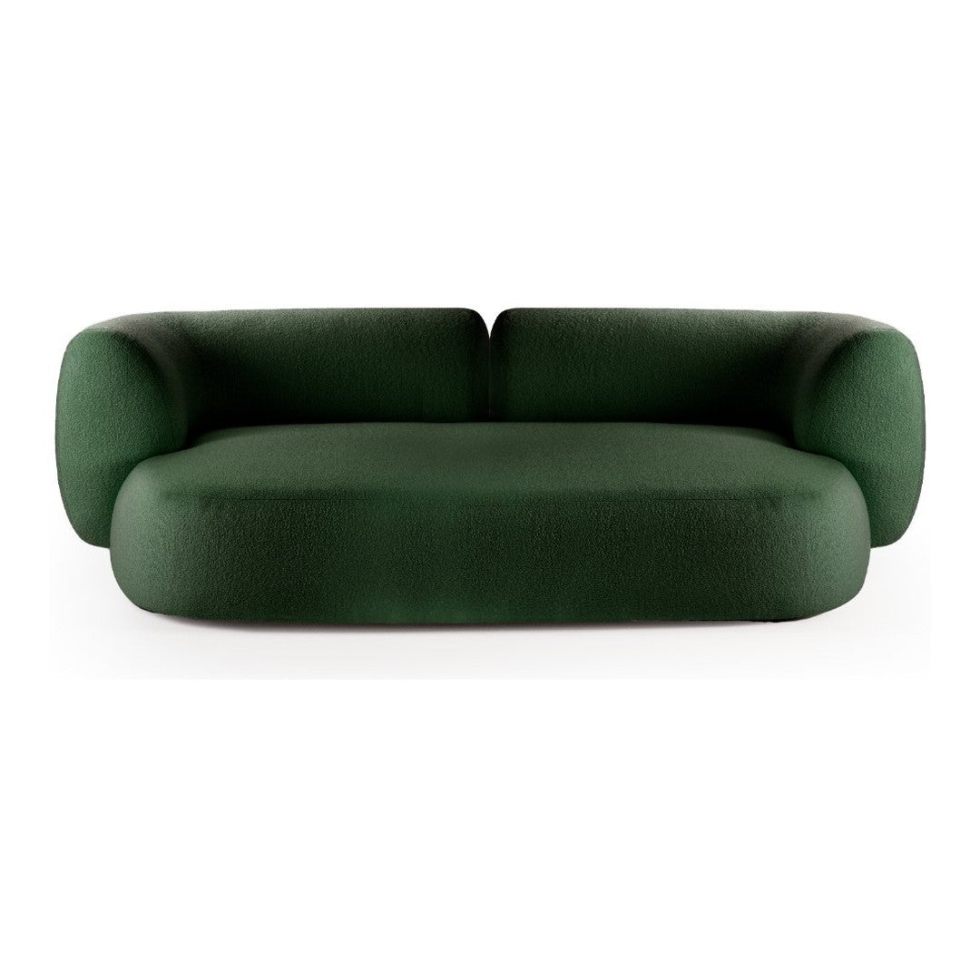 Modern, plush green sofa with rounded edges and a smooth texture, perfect for stylish living spaces.