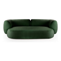 Green modern sofa with a soft, rounded design and textured fabric upholstery. Ideal for contemporary decor.