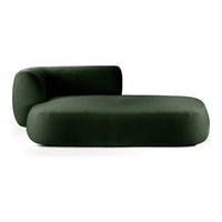 "Modern dark green curved sofa with a smooth, textured finish and minimalist design."