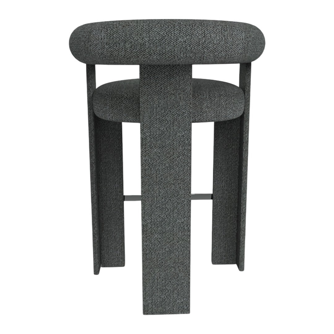 Gray upholstered bar stool with a modern circular seat and minimalist rectangular legs, featuring a textured fabric.