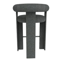 Gray upholstered bar stool with a modern circular seat and minimalist rectangular legs, featuring a textured fabric.