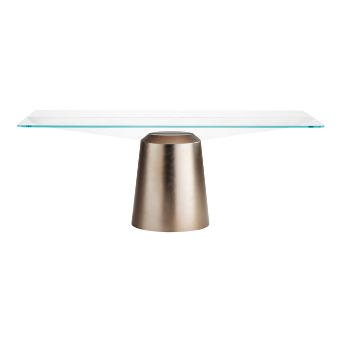 Modern glass coffee table with a sleek metallic bronze base and a clear glass top, perfect for contemporary decor.