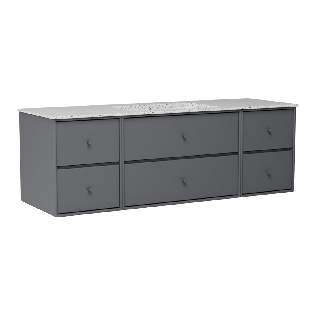 Gray modern dresser with smooth surface and six minimalist drawers, featuring a sleek, uniform design.