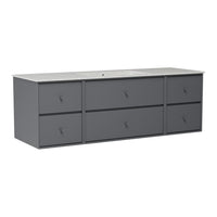 Gray modern dresser with smooth surface and six minimalist drawers, featuring a sleek, uniform design.