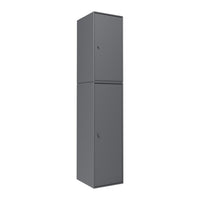 Gray two-door storage cabinet with a sleek, minimal design and smooth finish. Ideal for modern interiors.