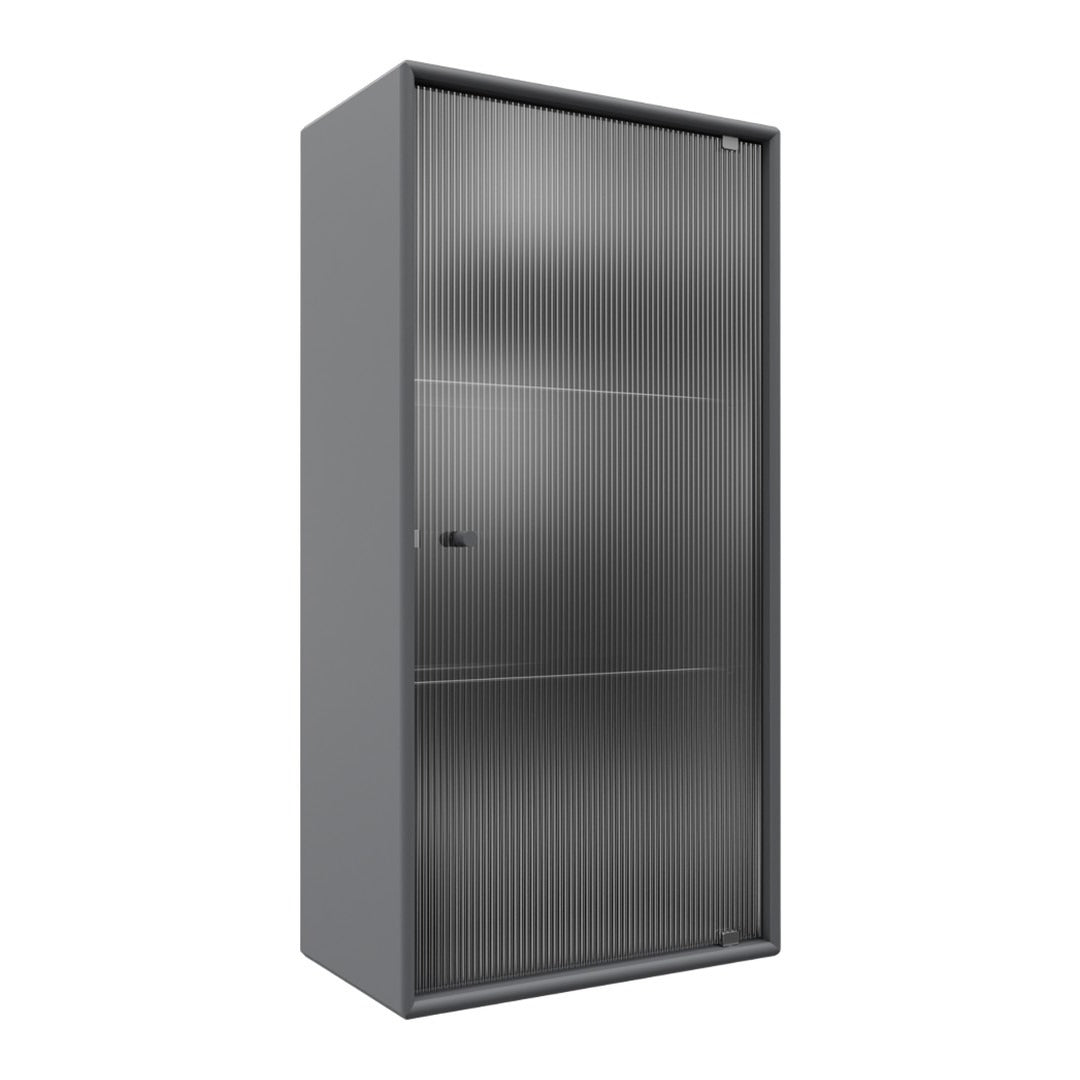 Gray metal cabinet with a smooth finish and vertical ribbed pattern on the door. Ideal for modern storage solutions.