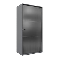 Gray metal cabinet with a smooth finish and vertical ribbed pattern on the door. Ideal for modern storage solutions.